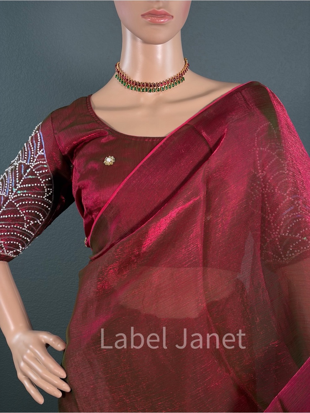 Burgundy plain space silk saree with embroidered stitched blouse (Brand new)